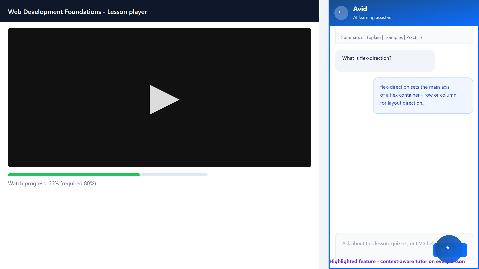 Avid LMS AI Learning Assistant chat panel inside the lesson player