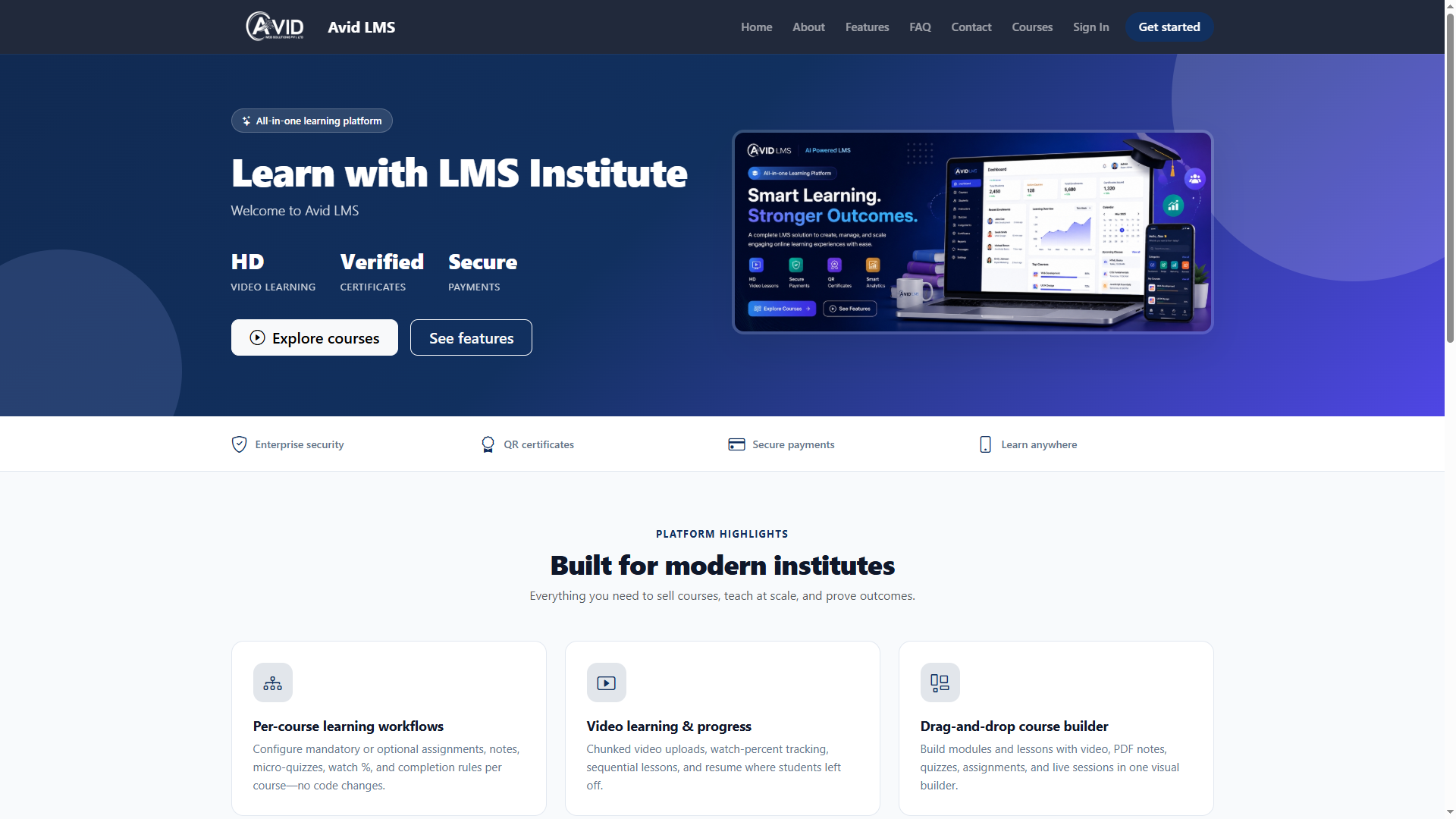 Avid LMS white-label university homepage and course catalog