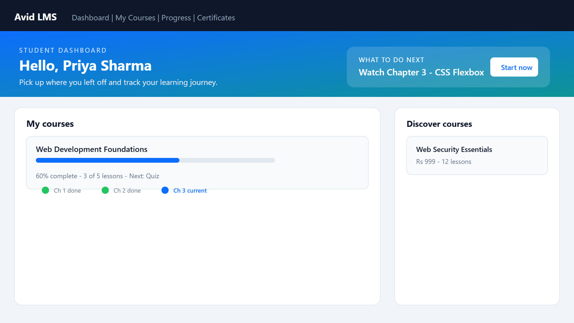 Avid LMS student dashboard with enrolled courses and progress