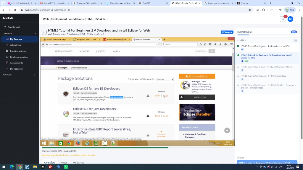 Avid LMS video lesson player with curriculum sidebar and progress tracking