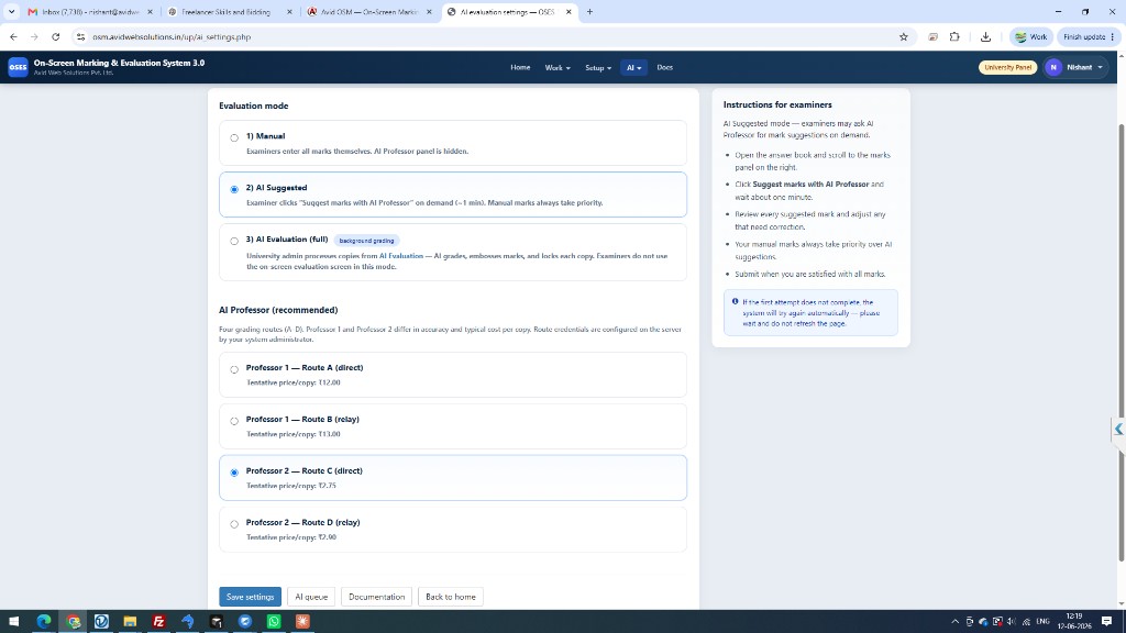 Avid OSM AI evaluation settings — manual, AI suggested and full AI evaluation modes with Professor routes