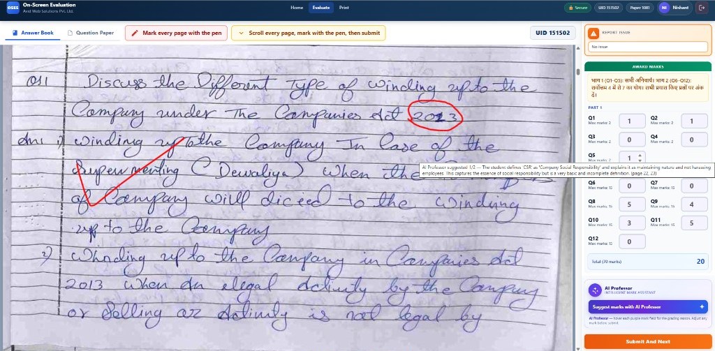 On-screen evaluation of a handwritten answer script with pen annotation, question-wise marks and AI Professor