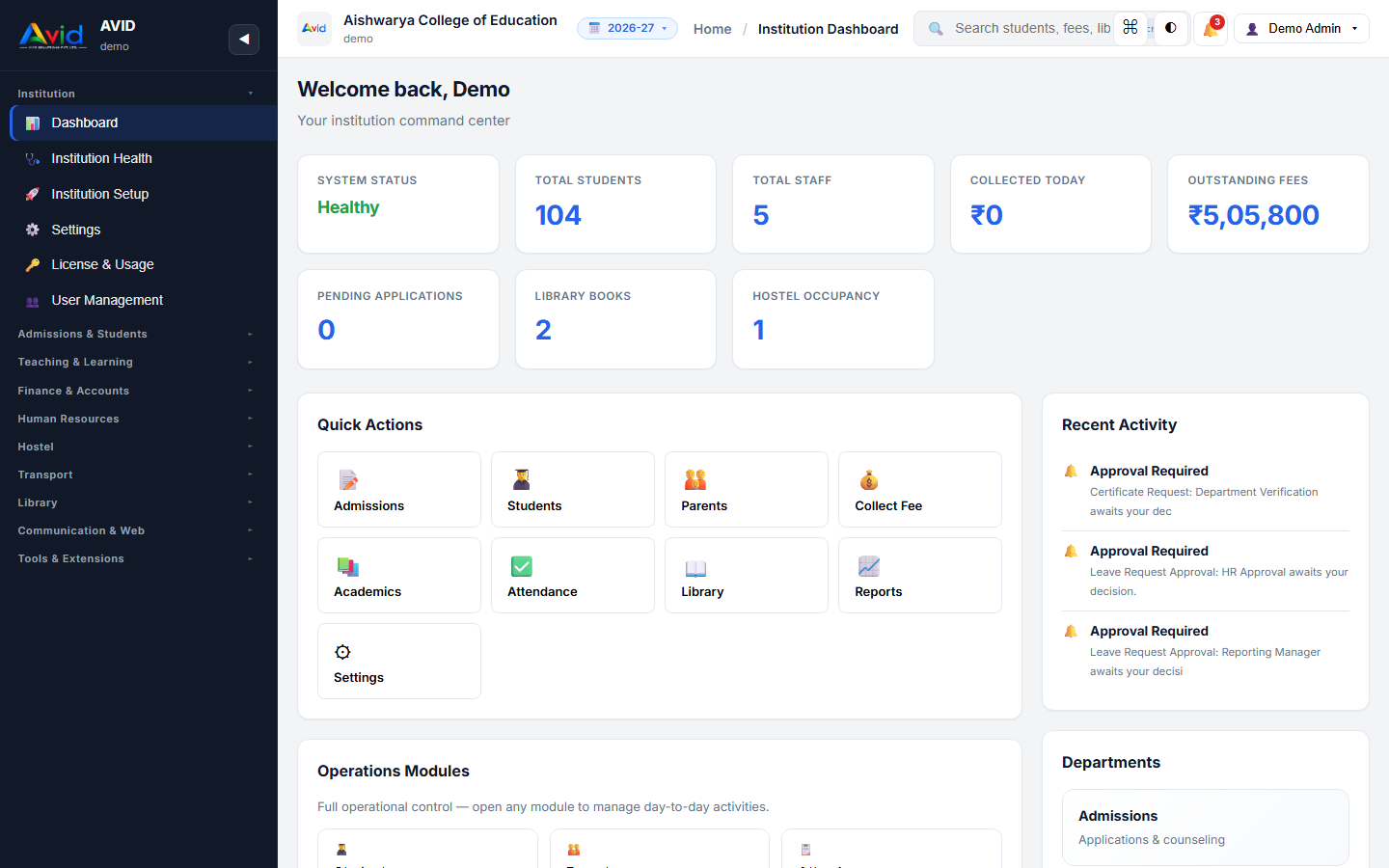 Avid ERP live institution dashboard with students, fees and campus modules
