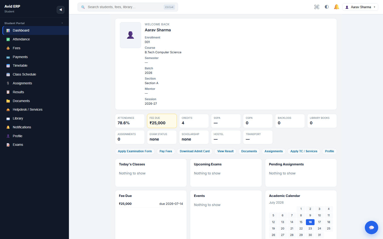 School ERP student and parent portal with fees, attendance and results
