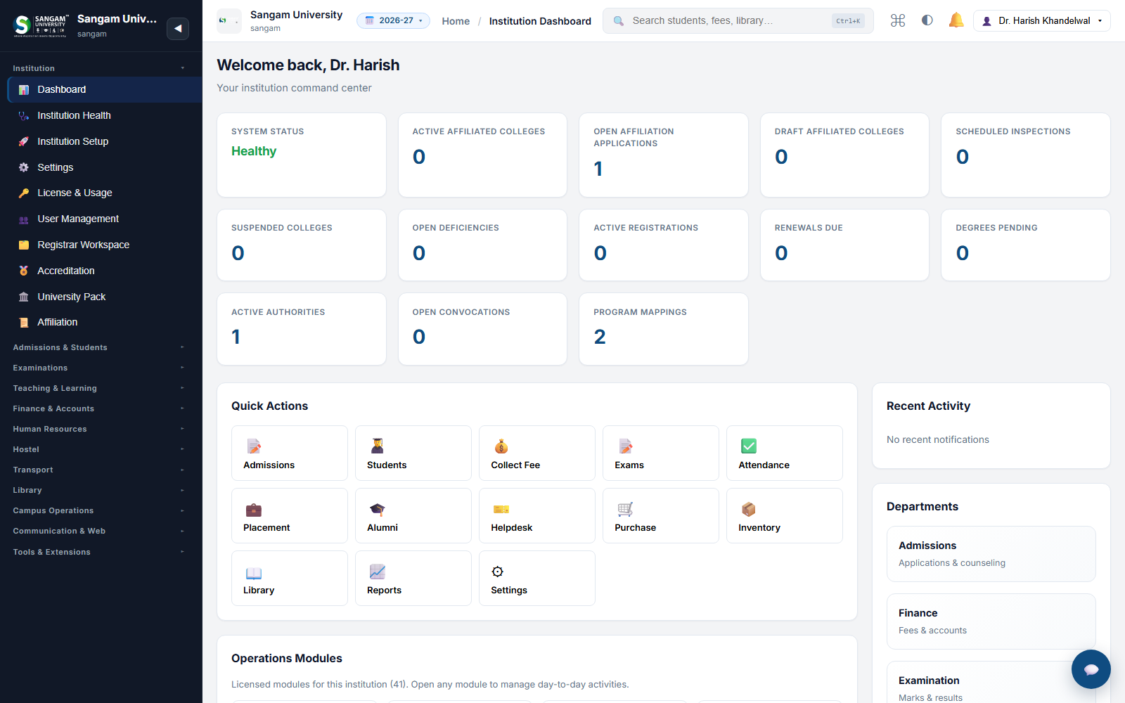 University ERP live multi-campus institution dashboard
